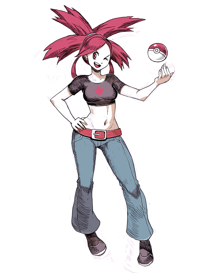 ;d asuna_(pokemon) belt crop_top denim full_body genzoman hair_ornament hand_on_hip jeans looking_at_viewer midriff navel one_eye_closed open_mouth pants poke_ball pokemon pokemon_(game) pokemon_rse red_eyes red_hair shirt simple_background sketch smile solo standing stomach t-shirt white_background