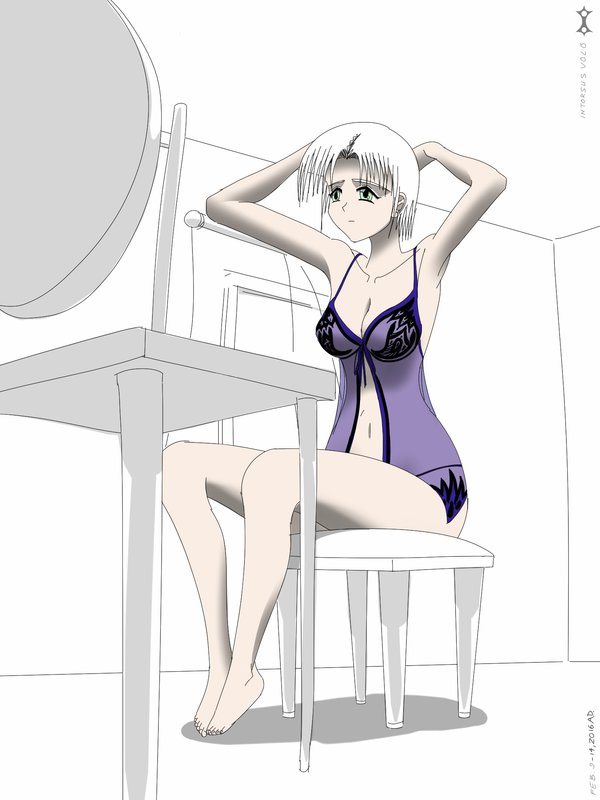 1girl armpits arms_up bare_feet barefoot breasts cleavage collarbone green_eyes intorsus_volo naval nightgown original see-through short_hair sitting thighs thong white_hair