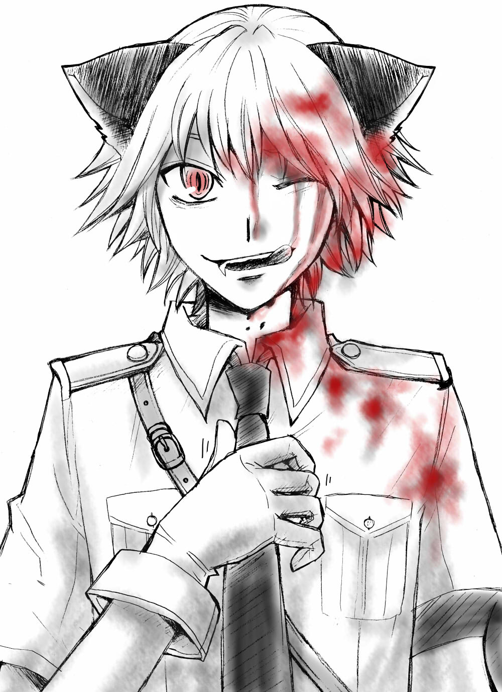 :d animal_ears blood fang gloves hellsing highres male_focus military military_uniform monochrome necktie open_mouth red_eyes satoooo schrodinger smile solo spot_color tongue uniform wince wolf_ears
