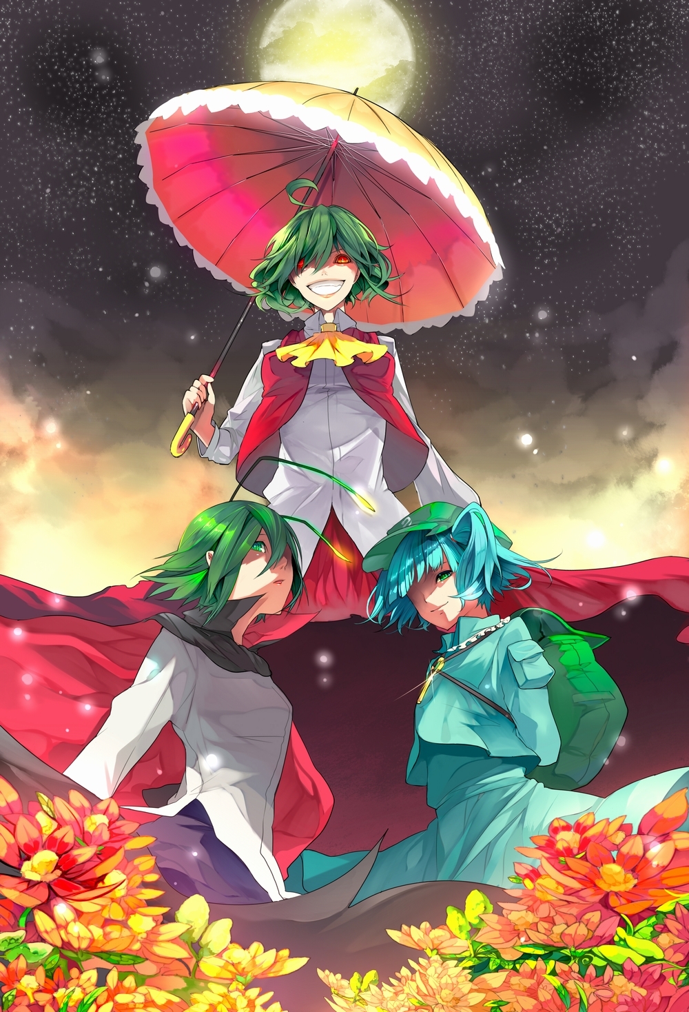 antennae backpack bag blue_hair cape crazy_eyes evil_grin evil_smile flower from_below full_moon glowing green_eyes green_hair grin hair_bobbles hair_ornament hat highres kawashiro_nitori kazami_yuuka key moon multiple_girls one-eyed parasol red_eyes shaded_face short_hair skirt skirt_set sky smile star_(sky) starry_sky sunflower touhou tsukimoto_aoi twintails two_side_up umbrella untucked vest wriggle_nightbug
