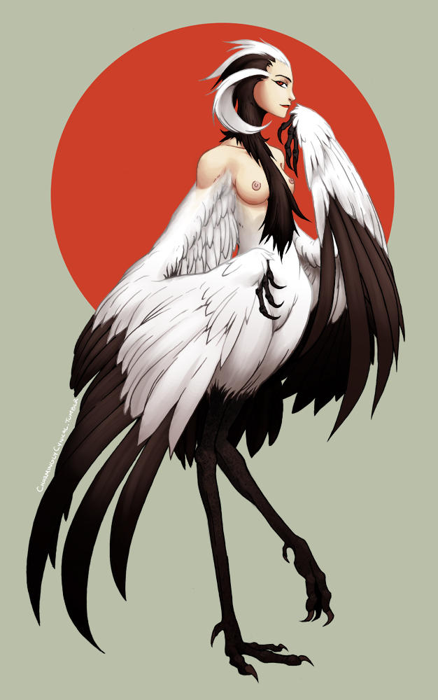 2012 animal_humanoid avian avian_humanoid bird black_feathers breasts claws crane demoiselle_crane feather_hair feathers female grey_background harpy humanoid medium_breasts monster_girl_(genre) nipples red_eyes red_lips simple_background solo talons travjames url white_feathers