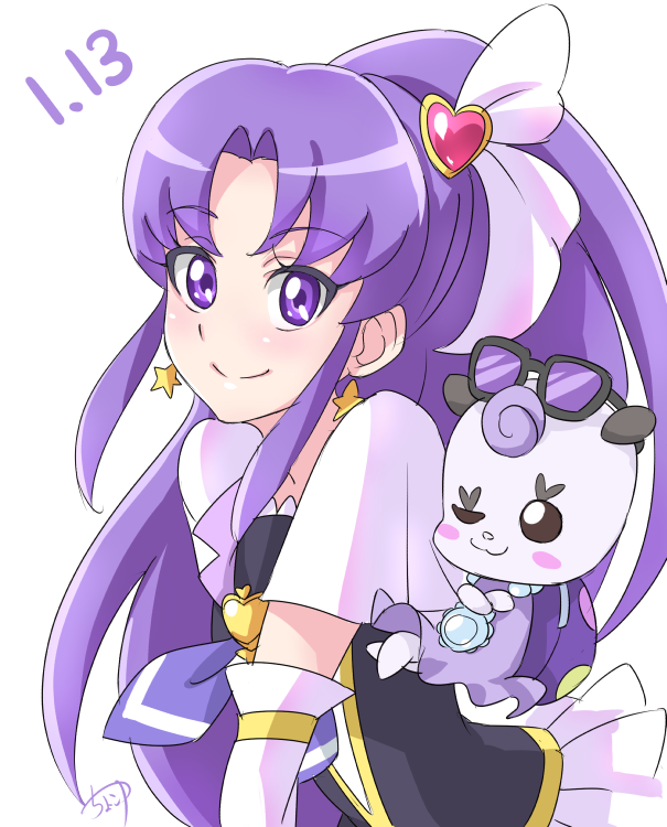 brooch chocokin creature cure_fortune earrings gurasan_(happinesscharge_precure!) hair_ornament hair_ribbon happinesscharge_precure! heart heart_hair_ornament hikawa_iona jewelry long_hair looking_at_viewer magical_girl one_eye_closed precure purple_eyes purple_hair ribbon signature smile star star_earrings sunglasses upper_body white_background wide_ponytail