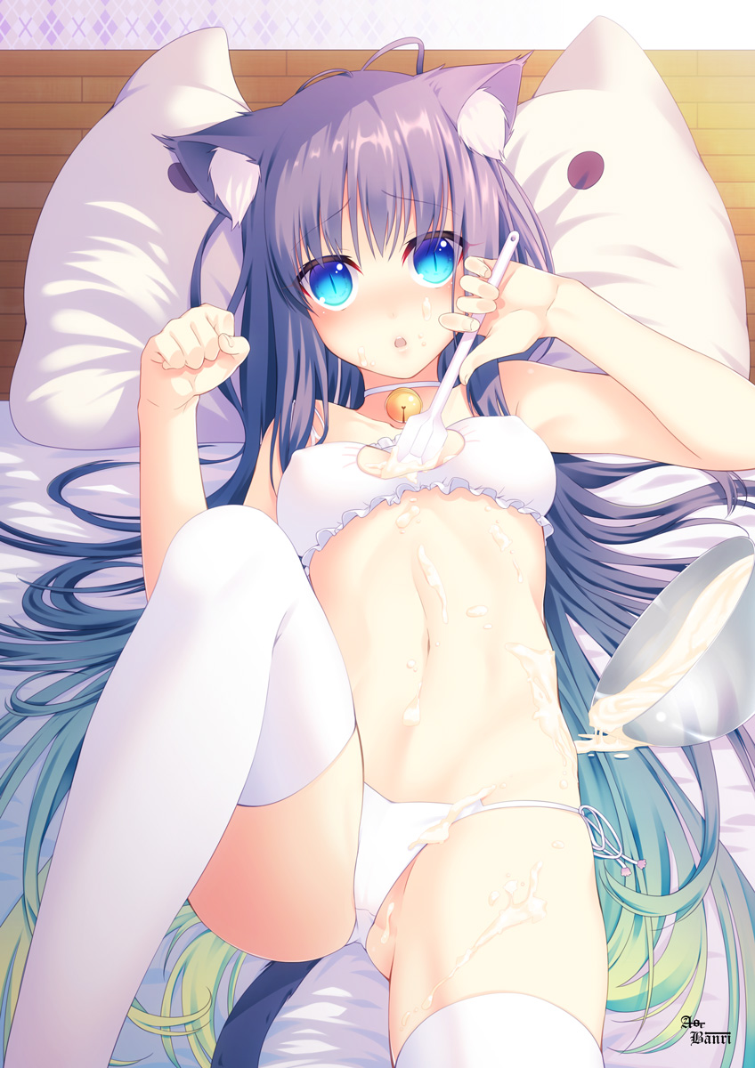 :o animal_ears antenna_hair aoi_banri bare_shoulders bed bed_sheet bell between_breasts blue_eyes blush bowl bra breasts cat_cutout cat_ear_panties cat_ears cat_lingerie choker cleavage cleavage_cutout collarbone crotch_seam dripping fingernails frilled_bra frills gradient_hair green_hair head_tilt highres holding indoors jingle_bell knee_up lavender_hair long_hair looking_at_viewer meme_attire midriff multicolored_hair navel on_bed original panties parted_lips paw_pose pillow purple_hair ribbon side-tie_panties small_breasts solo spatula stomach tail thighhighs thighs underwear valentine very_long_hair white_bra white_legwear white_panties white_ribbon