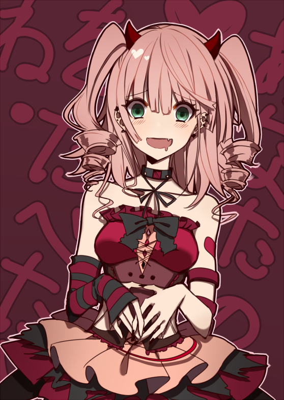 :d arm_warmers black_nails choker crazy_eyes dress drill_hair drooling earrings fang green_eyes haikimono_shounen horns jewelry layered_dress lolita_fashion looking_at_viewer nail_polish open_mouth original pink_hair smile solo strapless strapless_dress striped twin_drills two_side_up