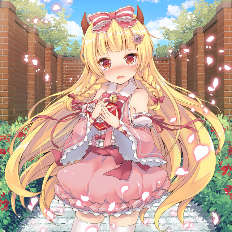 bare_shoulders bell blonde_hair blue_sky blush bow box braid chocolate cloud commentary_request day detached_sleeves dress flower gift gift_box hair_bow heart-shaped_box horns incoming_gift kidatsu!_dungeons_lord kyoma_(yellowxcake) long_hair looking_at_viewer open_mouth original petals pink_dress red_eyes sky solo tears thighhighs twin_braids valentine very_long_hair white_legwear wide_sleeves zettai_ryouiki