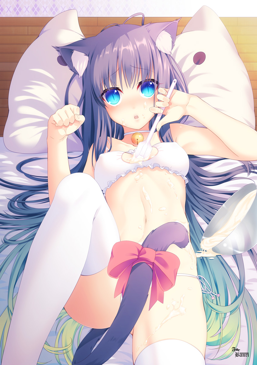:o animal_ears antenna_hair aoi_banri bare_shoulders bed bed_sheet bell between_breasts blue_eyes blush bow bowl bra breasts cat_cutout cat_ear_panties cat_ears cat_lingerie cat_tail choker cleavage cleavage_cutout collarbone cream dripping fingernails frilled_bra frills gradient_hair green_hair head_tilt highres holding indoors jingle_bell knee_up lavender_hair long_hair looking_at_viewer lying meme_attire midriff multicolored_hair navel on_back on_bed original panties parted_lips paw_pose pillow purple_hair red_bow ribbon side-tie_panties small_breasts solo spatula stomach tail tail_bow thighhighs thighs underwear valentine very_long_hair white_bra white_legwear white_panties white_ribbon