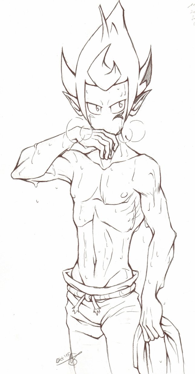 abs hand_on_mouth iop line_art lineart male_focus monochrome nipples panting pointy_ears shirtless simple_background solo standing sweating topless towel training tristepin_percedal wakfu wet white_background workout