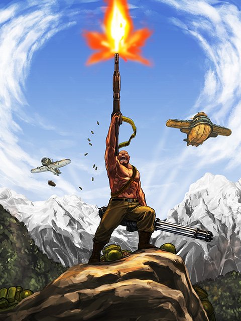 1boy allen_o'neil allen_o'neil bandolier firing machine_gun metal_slug mountain muscle plane sky snk solo