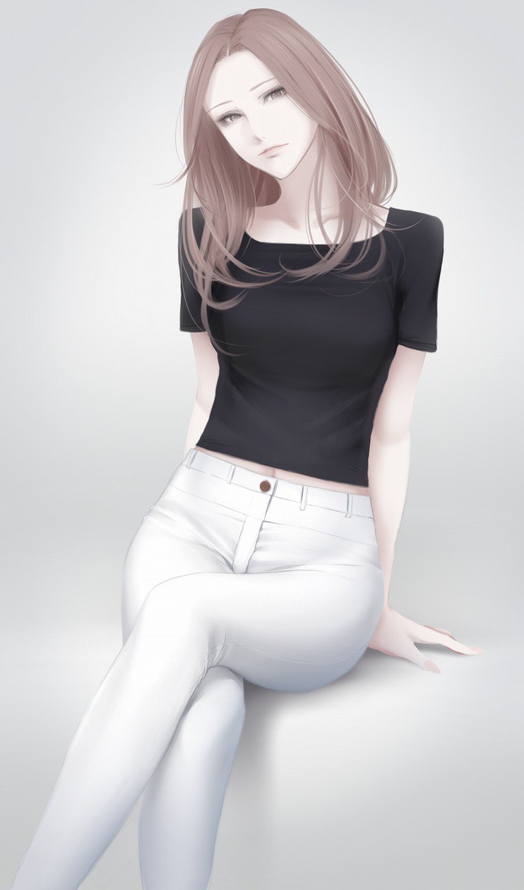 1girl arm_support black_shirt breasts brown_eyes brown_hair erise grey_background head_tilt highres legs_crossed long_hair looking_at_viewer navel original pants shirt short_sleeves simple_background sitting small_breasts solo t-shirt white_pants