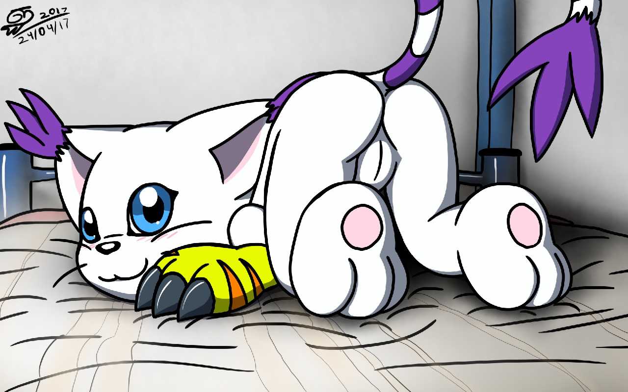 anthro blue_eyes blush butt claws clothed clothing digimon digimon_(species) digital_media_(artwork) female fur gatomon gloves haiiromon looking_at_viewer mammal pussy smile whiskers white_fur young