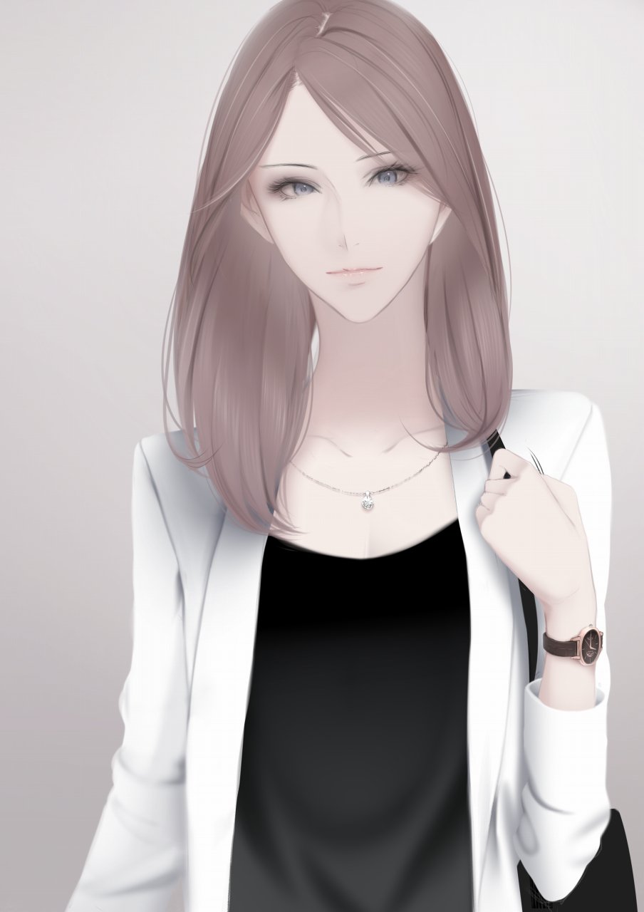 1girl bag black_shirt brown_hair erise eyelashes grey_background grey_eyes handbag highres jacket jewelry long_hair long_neck looking_at_viewer necklace original shirt simple_background solo upper_body watch white_jacket wristwatch