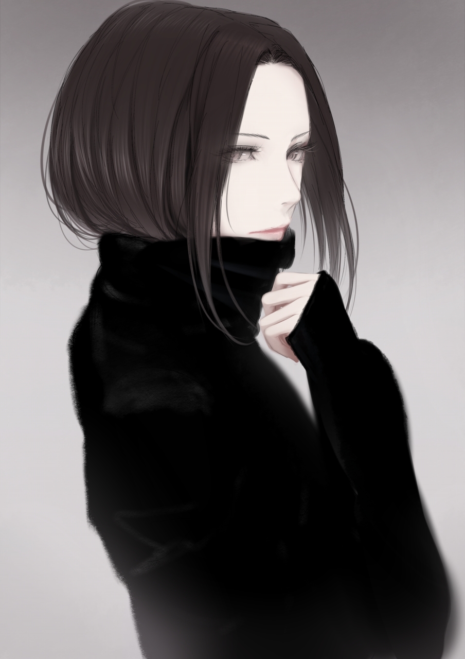 1girl black_shirt brown_eyes brown_hair enpera erise grey_background highres looking_at_viewer original portrait scarf shirt simple_background sleeves_past_wrists solo turtleneck upper_body