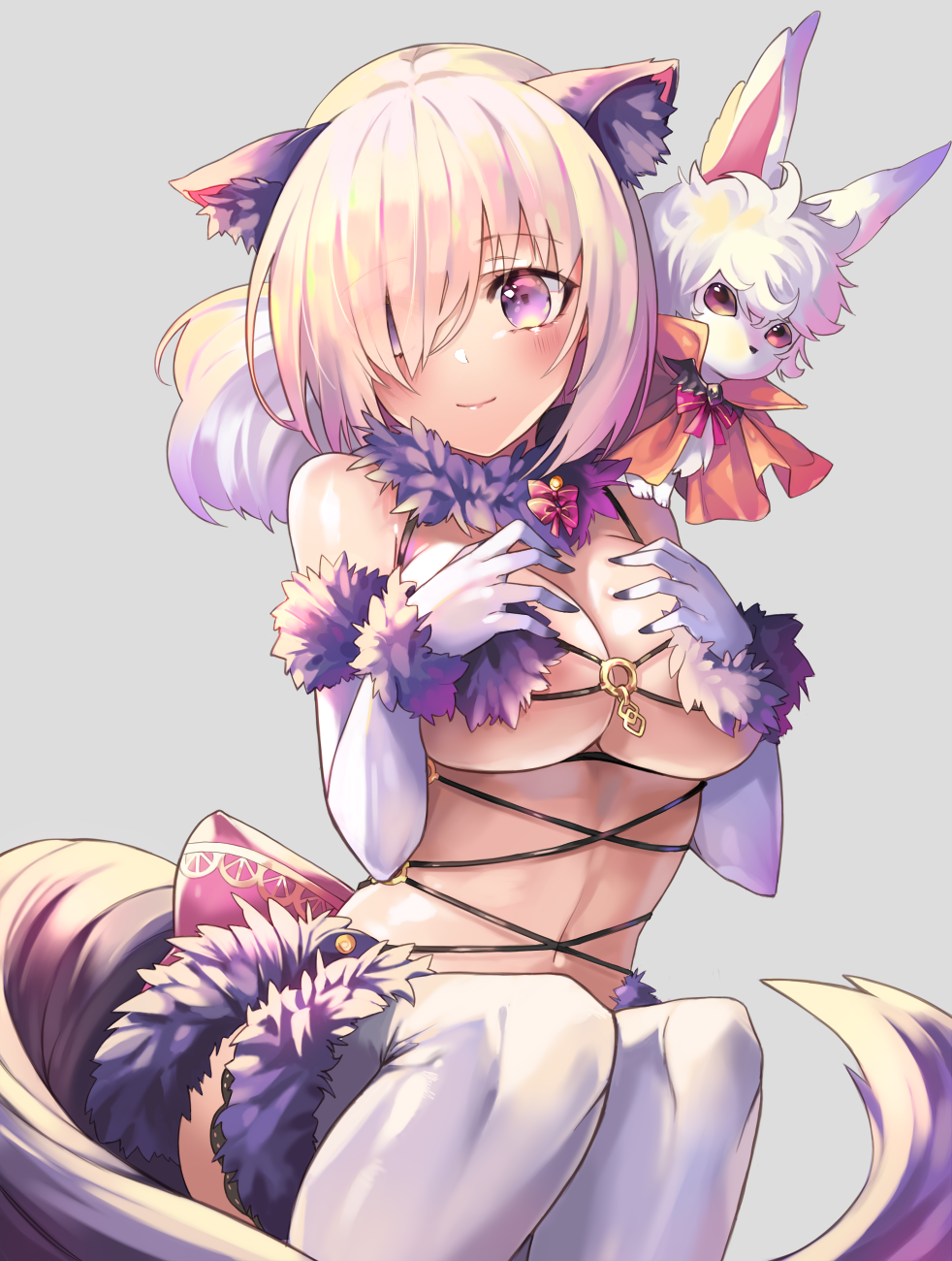 1girl animal_ears breasts creature dangerous_beast elbow_gloves eyebrows_visible_through_hair fate/grand_order fate_(series) fou_(fate/grand_order) fur-trimmed_gloves fur-trimmed_legwear fur_collar fur_trim gloves hair_over_one_eye halloween_costume highres huyou_(awegk) large_breasts looking_at_viewer mash_kyrielight o-ring o-ring_top purple_eyes purple_gloves purple_hair purple_legwear revealing_clothes short_hair simple_background smile solo tail wolf_ears wolf_tail