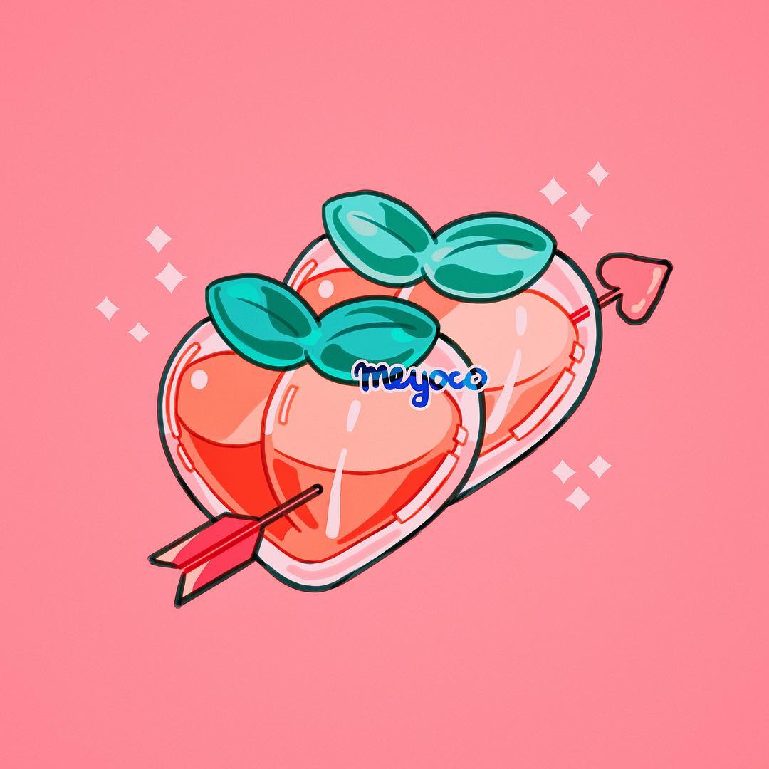 arrow arrow_through_heart artist_name food fruit heart heart_arrow leaf liquid meyoco no_humans original peach pink_background simple_background sparkle transparent