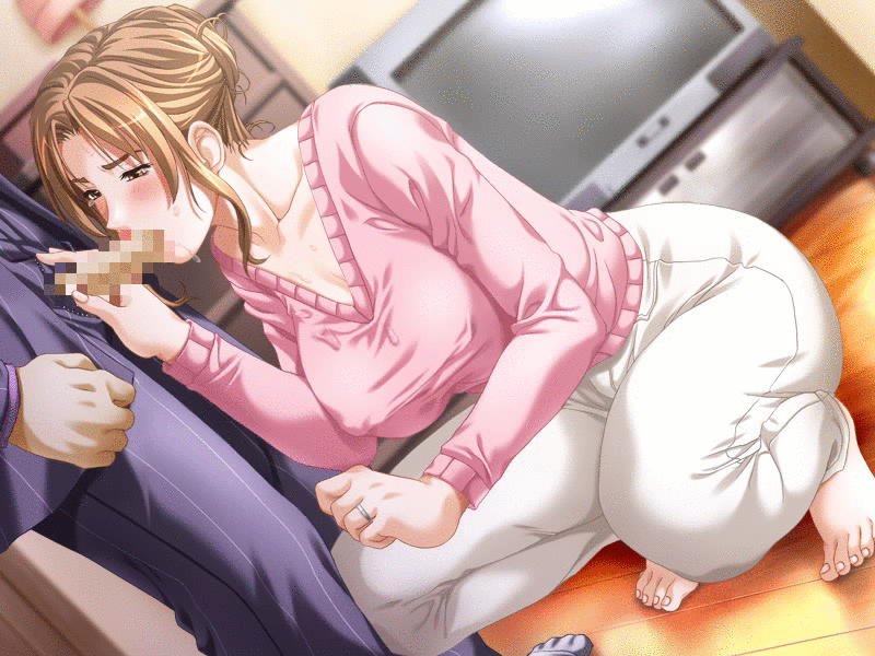 1boy 1girl animated animated_gif barefoot blush breasts brown_eyes brown_hair censored clothed_sex fellatio game_cg guilty+ jewelry jukubo_gui jukubogui kurita_hitomi lamp large_breasts milf momiji_kei oral penis ring saliva solo_focus squatting sweater tears television wooden_floor zipper