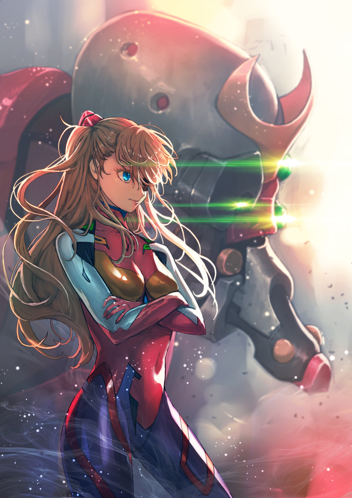 &gt;:) 1girl bangs blue_eyes boyaking breasts brown_hair closed_mouth commentary_request covered_navel cowboy_shot crossed_arms debris eva_02 eyepatch from_side hair_ornament lens_flare long_hair mecha medium_breasts neon_genesis_evangelion one_eye_covered plugsuit red_sweater serious skin_tight smile smoke solo soryu_asuka_langley sweater