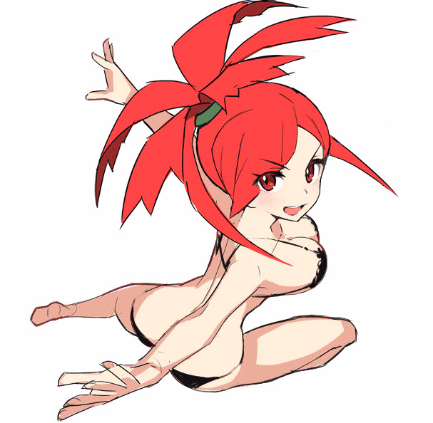 1girl ass asuna_(pokemon) black_bra black_panties bra breasts frilled_bra frills gym_leader large_breasts long_hair outstretched_arm outstretched_hand panties pokemon pokemon_(game) ponytail red_eyes red_hair saitou_naoki simple_background sketch smile solo underwear underwear_only white_background