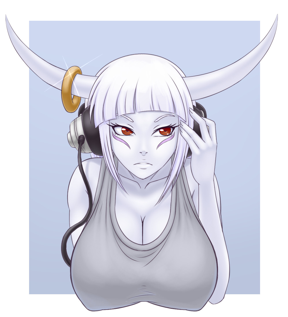 1girl android avenger_(android) blue_skin breasts castle_of_shadows castlevania cesium_(artist) cleavage death_(castlevania) facial_mark genderswap headphones large_breasts monster_girl pale_skin red_eyes shirt simple_background sisyphus_(castle_of_shadows) solo