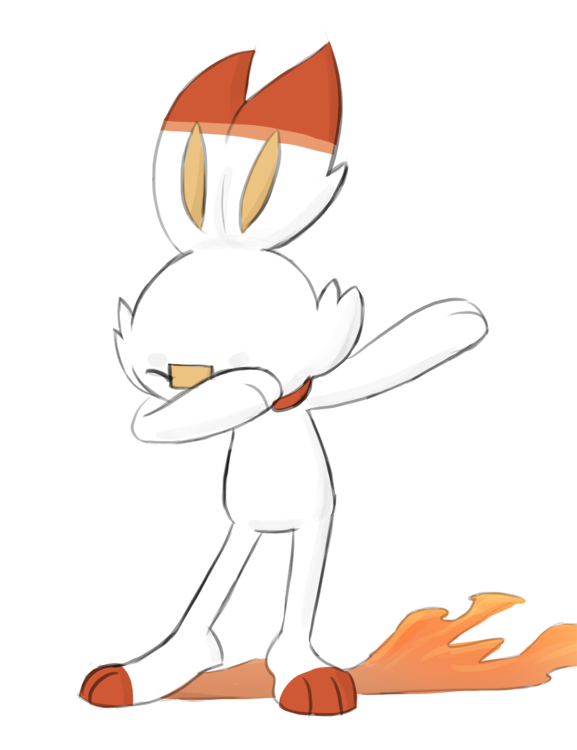 2019 colored_sketch dab digital_drawing_(artwork) digital_media_(artwork) dipstick_ears eyes_closed fire fur lagomorph mammal mr-haitch nintendo pok&eacute;mon pok&eacute;mon_(species) scorbunny simple_background solo standing toeless_(marking) video_games white_background white_fur