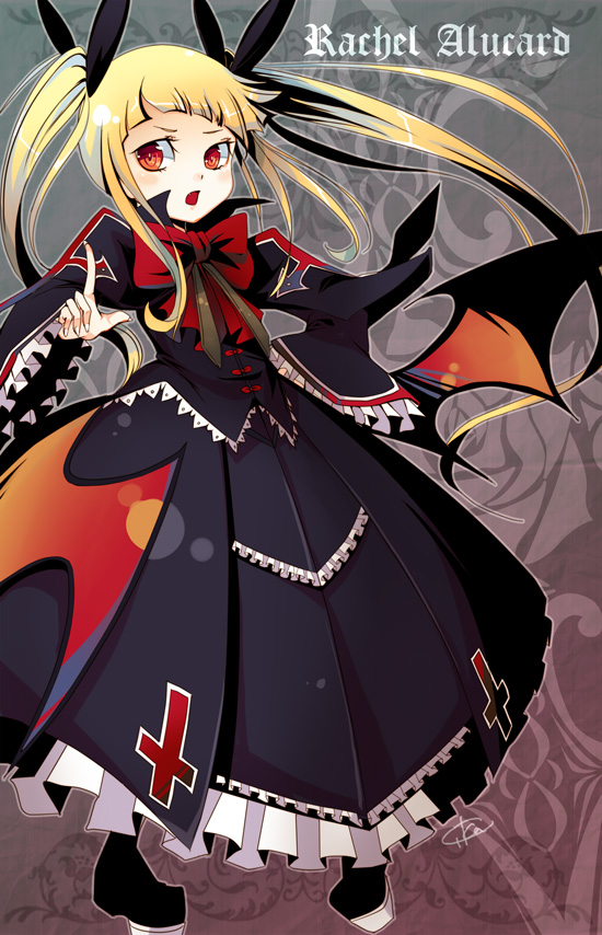 bat_wings blazblue blonde_hair bow character_name cika gothic_lolita heel-less_platform_footwear lolita_fashion long_hair platform_footwear rachel_alucard red_bow red_eyes shoes solo twintails wings