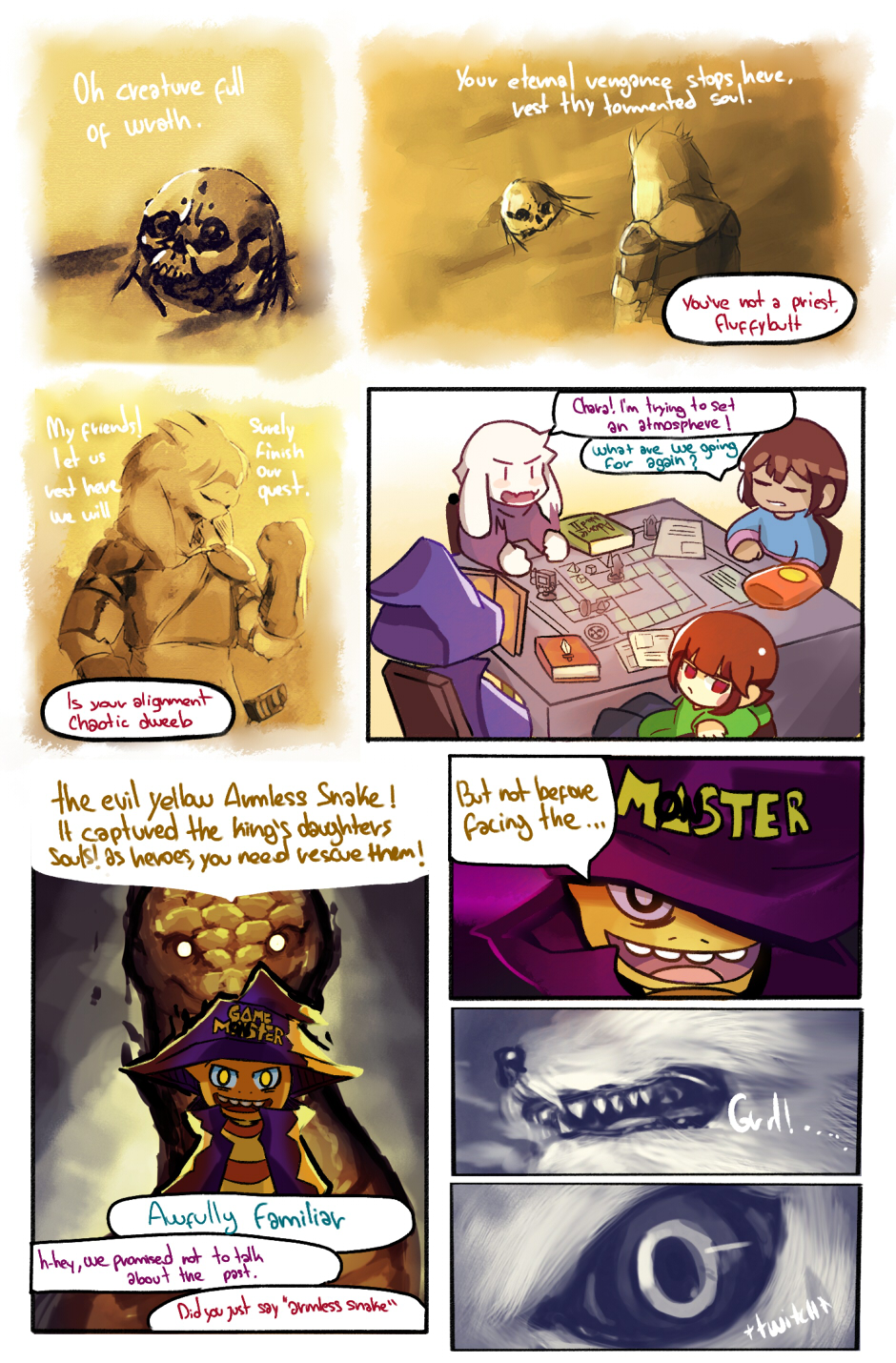 2others androgynous asriel_dreemurr board_game book brown_hair caribun chara_(undertale) chips comic dice dungeons_and_dragons english figure food frisk_(undertale) gm_screen greater_dog hat highres jpeg_artifacts mettaton monster_boy monster_kid_(undertale) multiple_boys multiple_others purple_eyes red_eyes shirt skull snake spoilers striped striped_shirt sword undertale weapon what_if wizard_hat wolf yellow_eyes