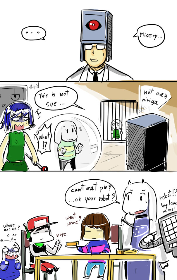 4boys 4girls androgynous asriel_dreemurr balrog_(doukutsu_monogatari) baseball_cap black_hair blue_hair brown_hair bubble cage chair comic crossover date_fuyuhiko doukutsu_monogatari engrish food frisk_(undertale) gapangman glasses hat mettaton mimiga misery multiple_boys multiple_girls no_nose open_mouth panicking pie plate quote ranguage robot rod sakamoto_sue scar sitting slice_of_pie spoilers spoken_ellipsis sweat tabard table toriel toroko triangle_mouth undertale wavy_mouth white_skin