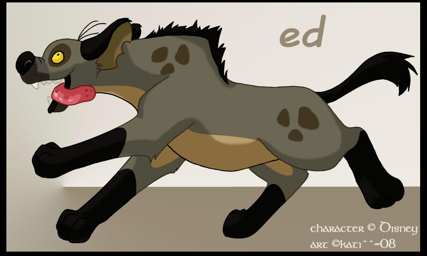 2008 black_border black_nose black_tail border brown_fur character_name compression_artifacts digital_media_(artwork) disney ed_(the_lion_king) feral fur hyaenid kati-kopa mammal notched_ear open_mouth open_smile running simple_background smile solo spotted_hyena the_lion_king tongue tongue_out yellow_sclera