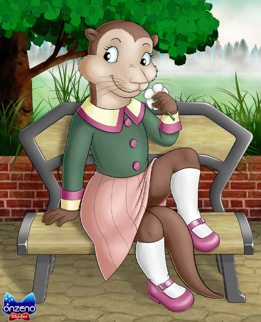 2015 5_fingers anthro bench better_version_at_source brick_wall brown_fur clothed clothing cub detailed_background digital_media_(artwork) eyelashes female flower fur holding_flower holding_object looking_aside mammal mustelid onzeno otter ottoline_otter outside plant rupert_bear skirt smile solo whiskers young