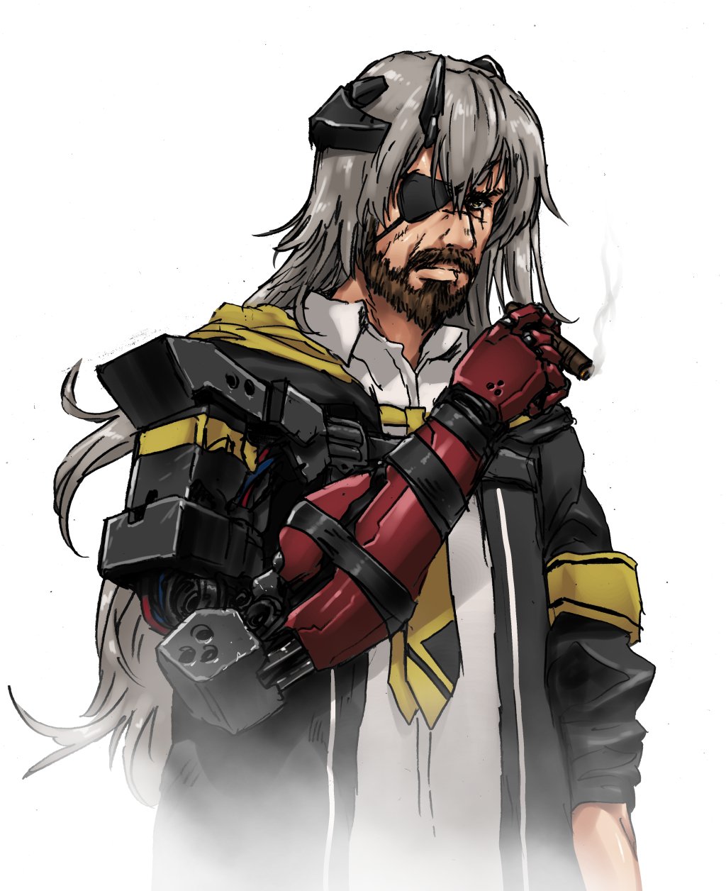 1boy armband artist_request cigar commentary_request cosplay eyepatch girls_frontline grey_hair highres jack-o'-lantern korean_commentary metal_gear_(series) metal_gear_solid_v necktie prosthesis prosthetic_arm smoking solo ump45_(girls_frontline) ump45_(girls_frontline)_(cosplay) venom_snake