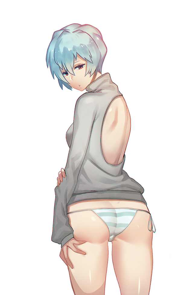 :o ass ayanami_rei backless_outfit bad_id bad_pixiv_id blue_hair flat_ass harabacho_(gkfkqkch1) looking_at_viewer looking_back neon_genesis_evangelion panties red_eyes short_hair side-tie_panties solo striped striped_panties sweater underwear white_background