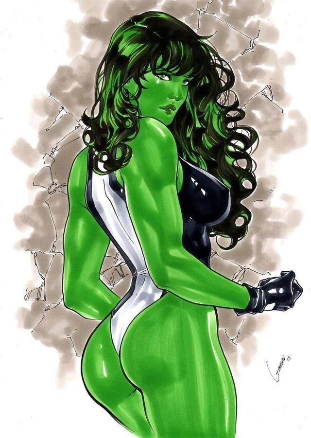 breasts female_superhero green_hair green_skin looking_at_viewer marvel muscles she-hulk thighs