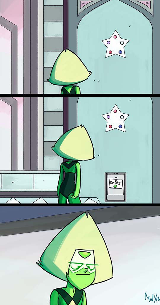 3koma blonde_hair bodysuit comic commentary door facial_mark forehead_jewel forehead_mark glasses green_skin lynxgriffin peridot_(steven_universe) pet_door short_hair sign signature silent_comic spoilers star star_print steven_universe temple unamused