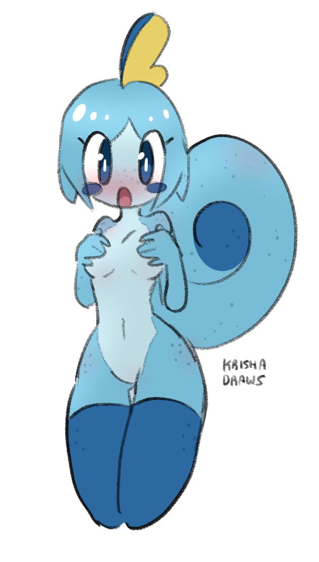 blue_cheeks blue_eyes blue_hair blush breasts covering covering_breasts female hair krishadraws mostly_nude navel nintendo pok&eacute;mon pok&eacute;mon_(species) rosy_cheeks simple_background sobble solo video_games white_background white_pupils