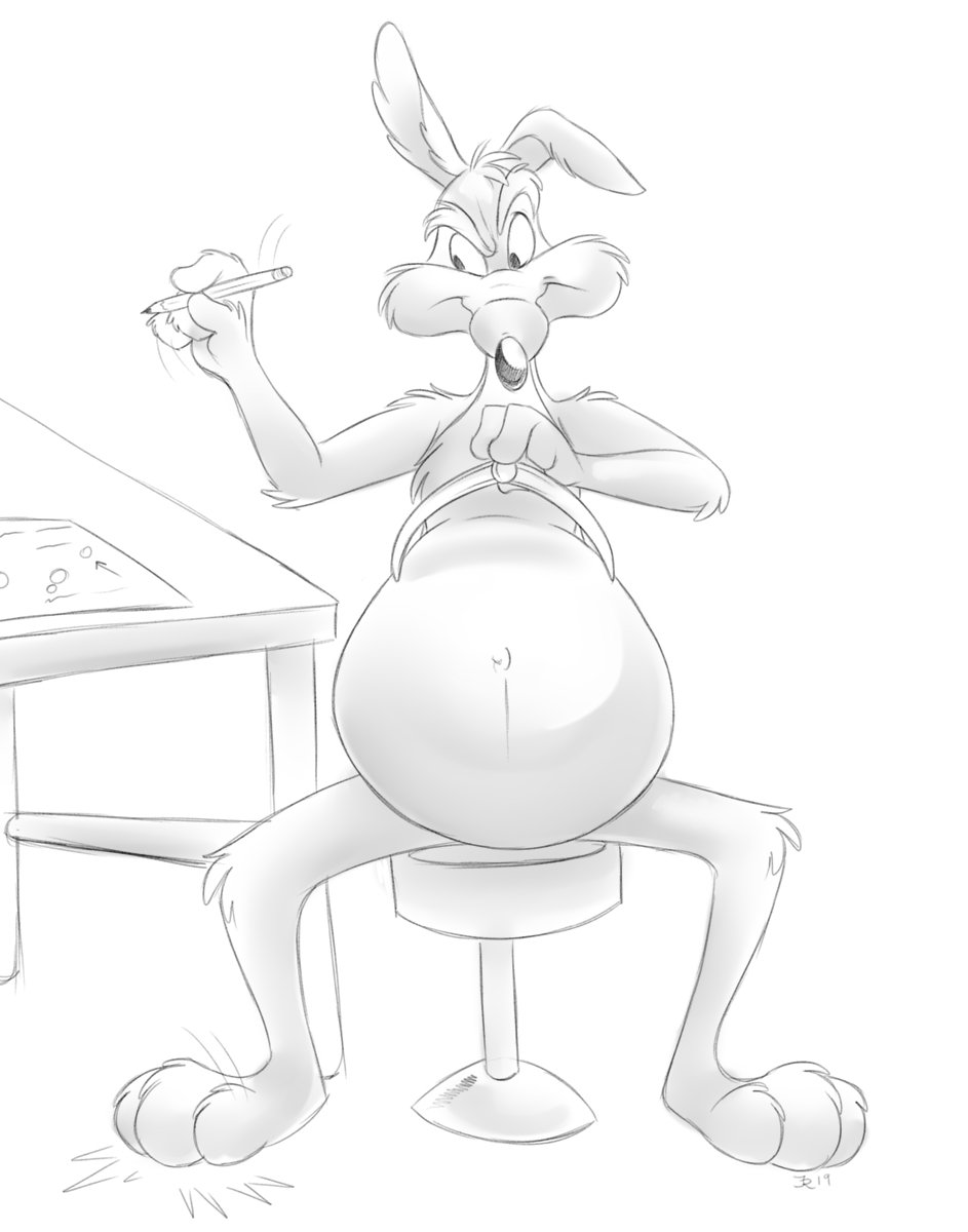 belly big_belly canid canine canis coyote looney_tunes male male_pregnancy mammal measure mehndix nude pencil_(disambiguation) pregnant simple_background sitting tools warner_brothers wile_e._coyote