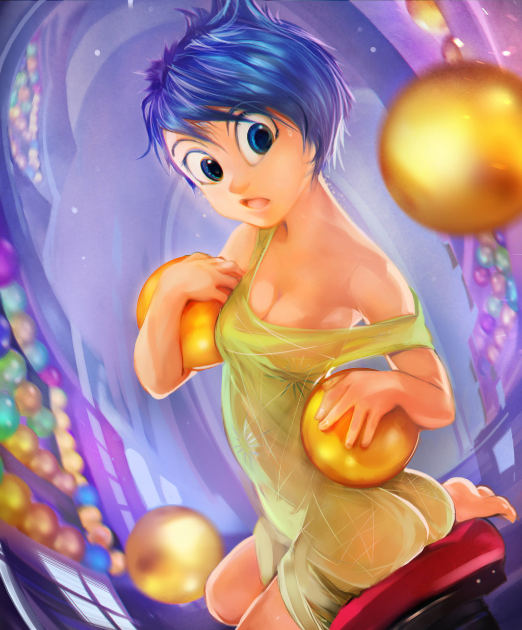 1girl ass ball barefoot blue_hair breasts cleavage disney inside_out joy_(inside_out) perspective pixar short_dress sitting strap_slip thezentlion yellow_skin