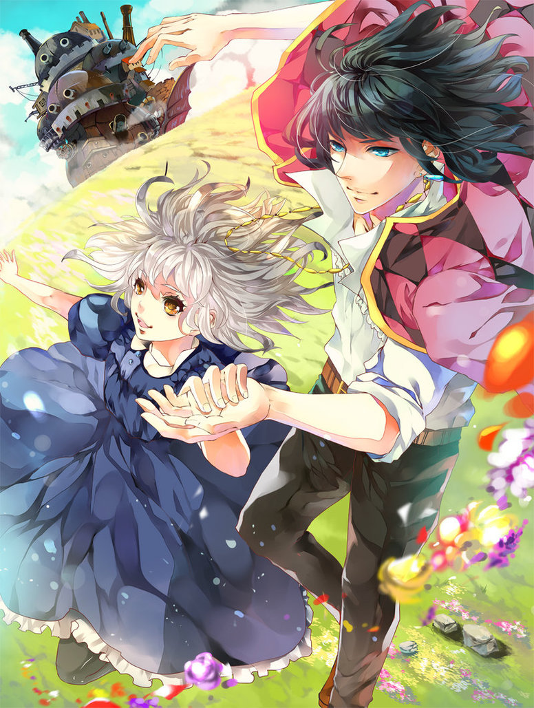 1boy 1girl black_hair blue_dress blue_eyes brown_eyes dress flower hand_holding howl howl_(howl_no_ugoku_shiro) howl_no_ugoku_shiro open_mouth smoke sophie sophie_(howl_no_ugoku_shiro) studio_ghibli white_hair