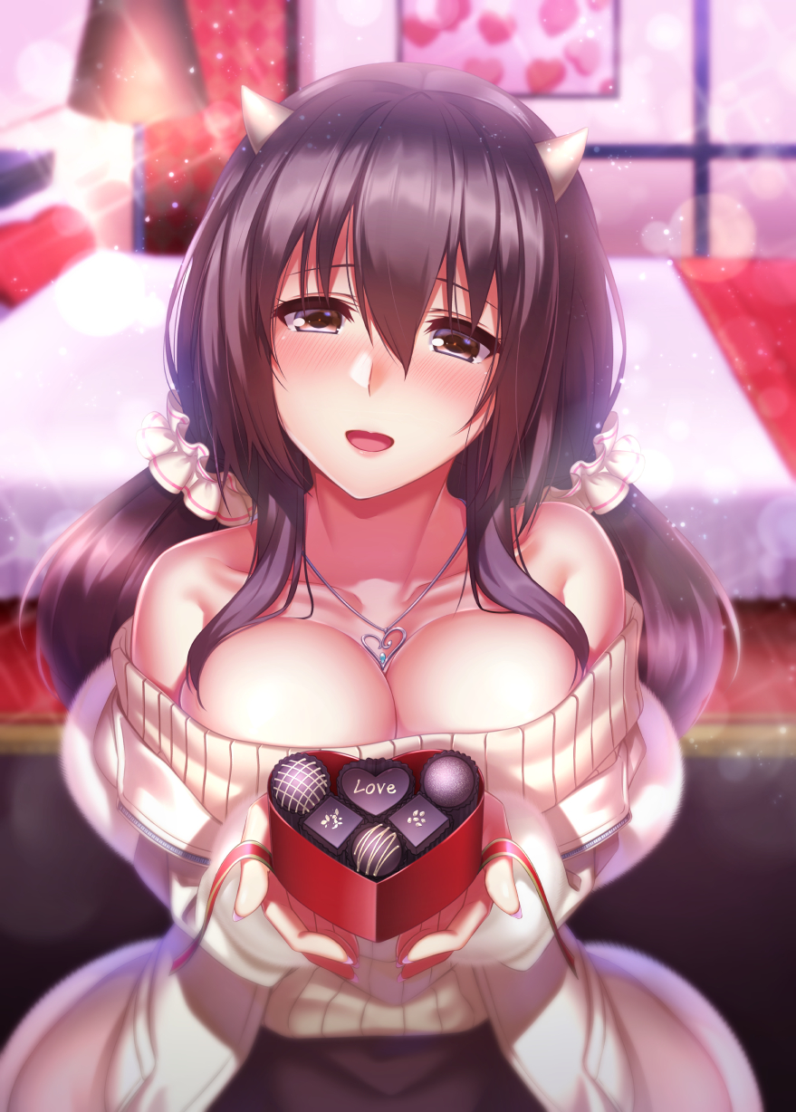1girl alternate_costume azur_lane bare_shoulders bed black_hair blurry blush breasts brown_eyes cardigan cleavage collarbone commentary_request fingerless_gloves gloves hair_between_eyes head_tilt highres indoors jewelry ken_ill large_breasts long_hair looking_at_viewer nagara_(azur_lane) necklace nose_blush off_shoulder oni_horns open_mouth sidelocks smile solo sparkle twintails valentine