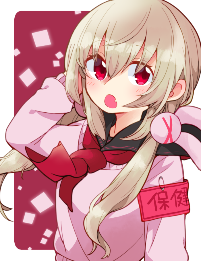 &gt;_&lt; 1girl :o armband bangs black_sailor_collar blush breasts bunny_hair_ornament commentary_request eyebrows_visible_through_hair fang hair_between_eyes hair_ornament hand_up light_brown_hair long_hair low_twintails natori_sana neckerchief open_mouth pink_sweater red_eyes red_neckwear safety_pin sailor_collar sana_channel school_uniform serafuku small_breasts solo sweater twintails upper_body very_long_hair virtual_youtuber yamase