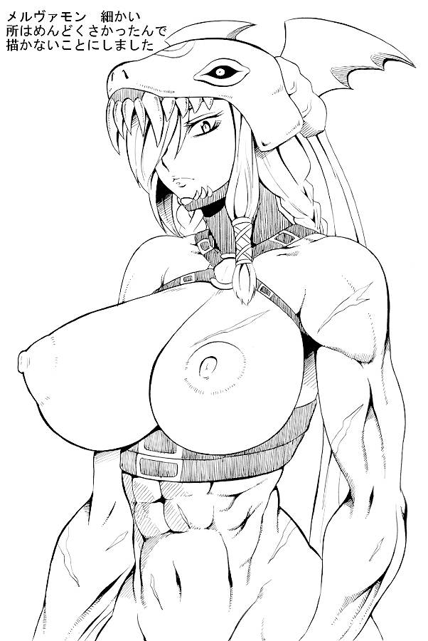 1girl abs animal_hat artist_request breasts buckle character_sheet cleavage digimon female hair_over_one_eye hat helmet large_breasts long_hair mervamon monochrome muscle nipples toned