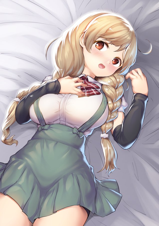1girl arm_warmers bed bike_shorts black_shorts bow bowtie braid breasts brown_eyes cloud_hair_ornament commentary_request danbo_(rock_clime) kantai_collection large_breasts light_brown_hair long_hair looking_at_viewer lying minegumo_(kantai_collection) open_mouth plaid_neckwear pleated_skirt red_eyes red_neckwear school_uniform shirt shorts shorts_under_skirt skirt solo suspenders twin_braids white_shirt