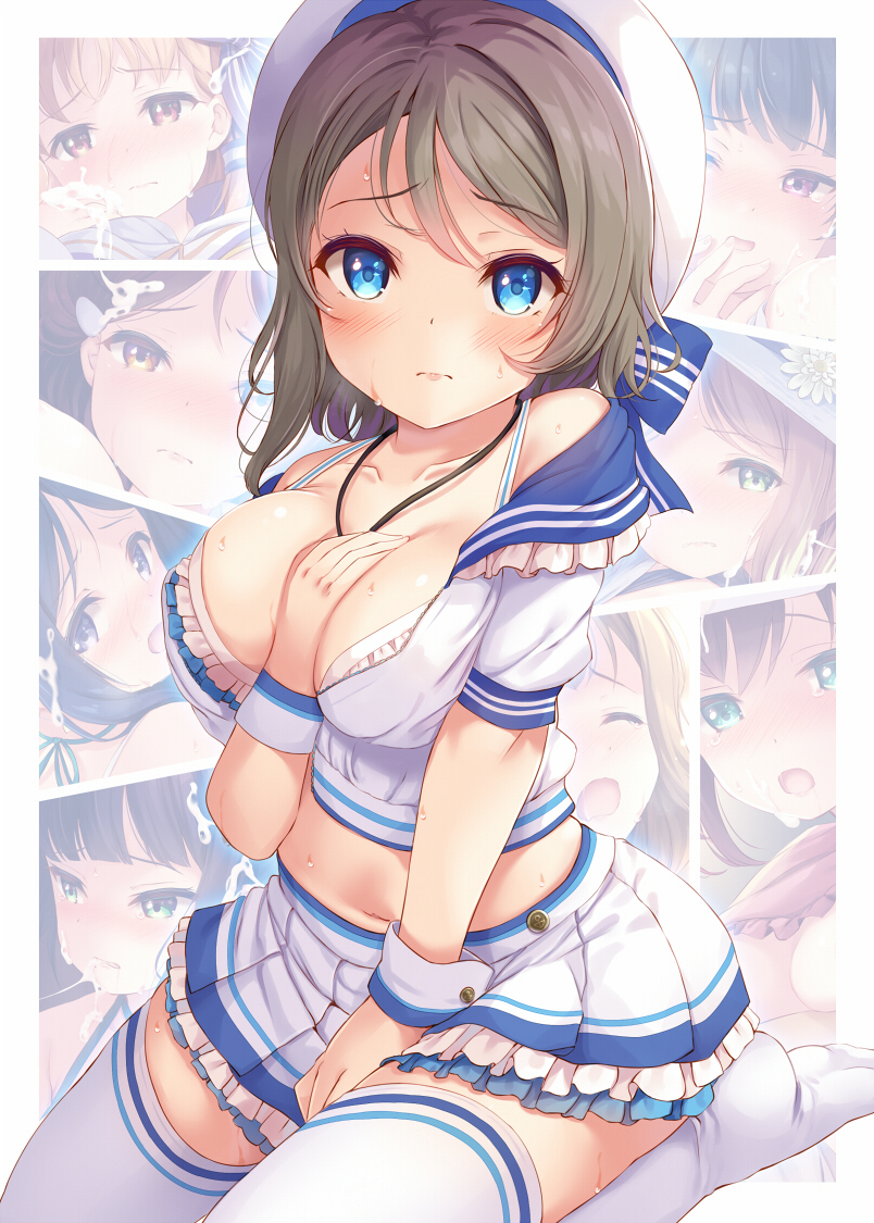1girl bad_perspective bangs bare_shoulders between_breasts blue_bow blue_eyes blue_sailor_collar blush bow bra breasts collarbone commentary_request crop_top eyebrows_visible_through_hair facial frilled_bra frills grey_hair hand_between_breasts hat idol jewelry komone_ushio layered_skirt looking_at_viewer love_live! love_live!_school_idol_project love_live!_sunshine!! medium_breasts midriff miniskirt navel necklace off_shoulder petticoat pleated_skirt sailor_collar sailor_hat seiza short_hair sitting skirt skirt_set solo_focus sweat swept_bangs thighhighs underwear watanabe_you white_bra white_legwear wrist_cuffs