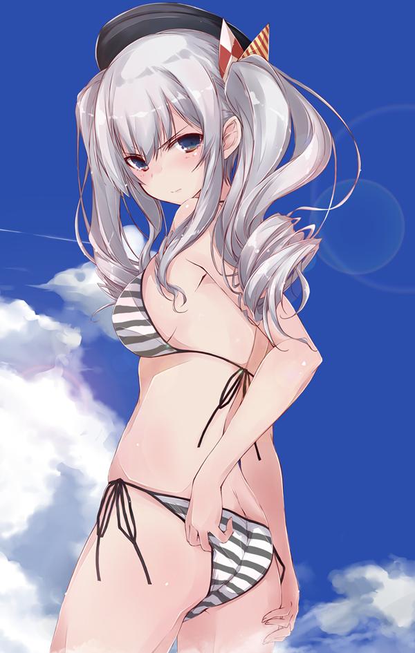 1girl ass beret bikini black_hat blue_eyes blue_sky breasts butt_crack cloud commentary_request condensation_trail cowboy_shot day from_behind hat kantai_collection kashima_(kantai_collection) lens_flare looking_at_viewer outdoors side-tie_bikini sideboob sidelocks silver_hair sky solo standing striped striped_bikini swimsuit tsurime twintails wavy_hair yumesato_makura