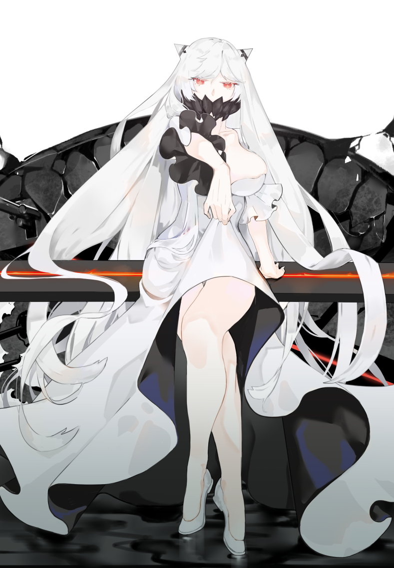 1girl breasts covered_mouth dress full_body horns kantai_collection large_breasts legs_crossed long_hair looking_at_viewer midway_hime nello_(luminous_darkness) pale_skin red_eyes shinkaisei-kan sitting solo very_long_hair white_dress white_hair white_skin