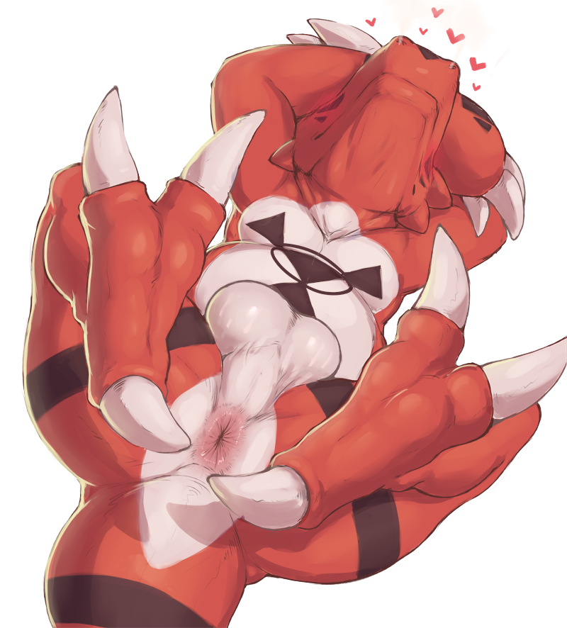 &lt;3 2019 alpha_channel anus balls black_markings blush butt claws digimon digimon_(species) embarrassed guilmon male markings nude perineum red_skin scalie simple_background solo transparent_background white_skin zackary911