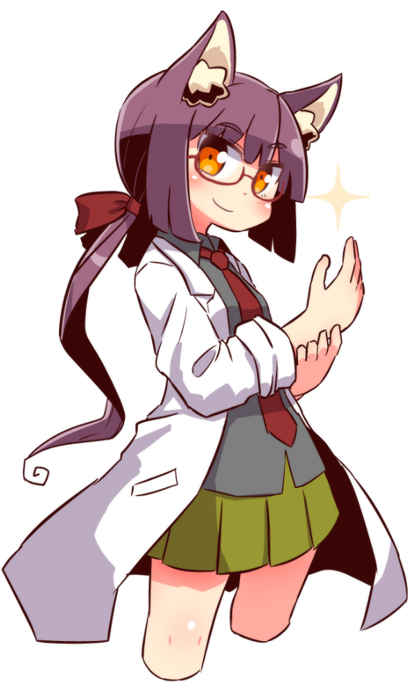 animal_ear_fluff animal_ears bangs blush brown_hair cat_ears closed_mouth collared_shirt commentary_request cropped_legs eyebrows_visible_through_hair green_skirt grey_shirt hair_between_eyes hair_ribbon hands_up head_tilt labcoat looking_at_viewer low_ponytail naga_u necktie orange_eyes original pleated_skirt ponytail red-framed_eyewear red_neckwear red_ribbon ribbon semi-rimless_eyewear shirt simple_background skirt smile solo sparkle under-rim_eyewear white_background