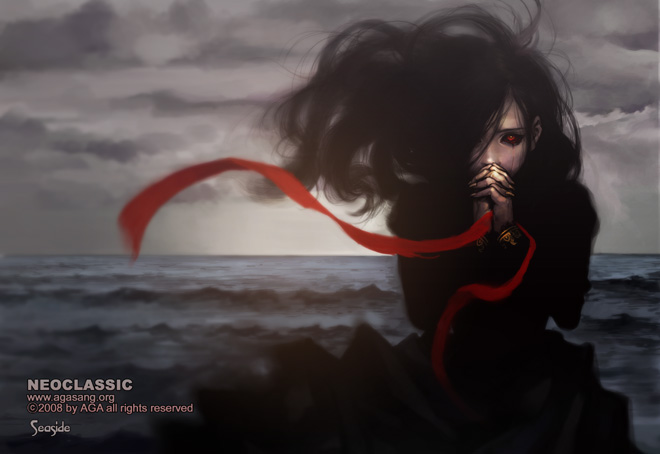 agasang black_hair black_sclera character_request cloud cloudy_sky copyright_request grey_sky horizon horror_(theme) long_hair looking_at_viewer ocean outdoors red_eyes sky solo storm stormy_waters upper_body watermark waves web_address wind wind_lift