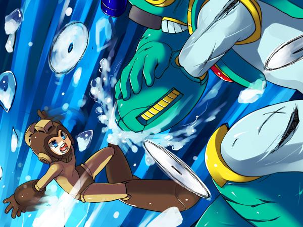 alternate_color arm_cannon bad_id bad_pixiv_id battle bubble bubbleman cuts deep_wound duel injury male_focus multiple_boys robot rockman rockman_(character) rockman_(classic) saw_blade underwater water water_battle weapon zakki