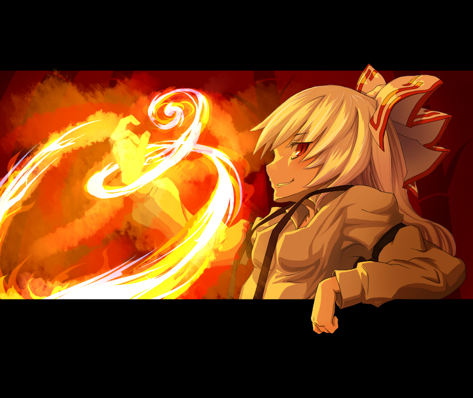 arm_rest bad_id bad_pixiv_id bow fire fujiwara_no_mokou grin hair_bow leaning letterboxed red_eyes smile solo suspenders touhou white_hair yoo_(tabi_no_shiori)