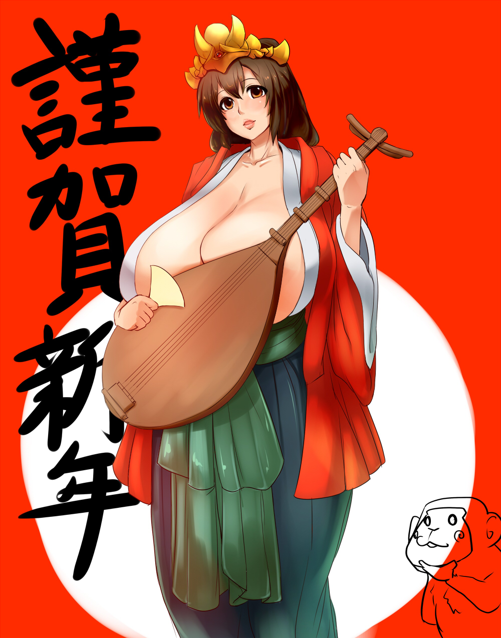 1girl breasts brown_eyes brown_hair cleavage copyright_request female gigantic_breasts happy long_hair mafen music_instrument object solo translation_request