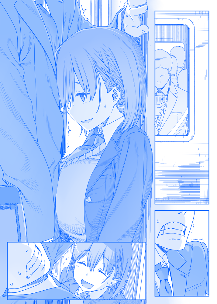 1girl :d ^_^ ai-chan_(tawawa) blazer blue braid breast_press breasts clenched_teeth closed_eyes comic commentary_request cramped faceless faceless_male flying_sweatdrops getsuyoubi_no_tawawa ground_vehicle hair_between_eyes height_difference himura_kiseki jacket large_breasts monochrome naughty_face necktie open_mouth profile school_uniform short_hair silent_comic smile teeth train train_interior trembling